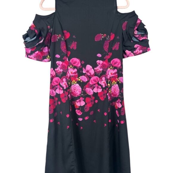 Samuel Dong Floral midi dress open shoulder ruffle sleeves black and pink - Picture 6 of 9